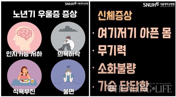 ▲ 노년기 우울증 대표 증상(좌), 노년기 우울증 신체 증상(우) @서울대학교병원