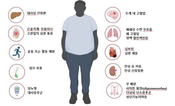그림 . 임상적 비만 시 나타나는 질환 또는 증상 [출처: AJPC 23: 101281(2025)]